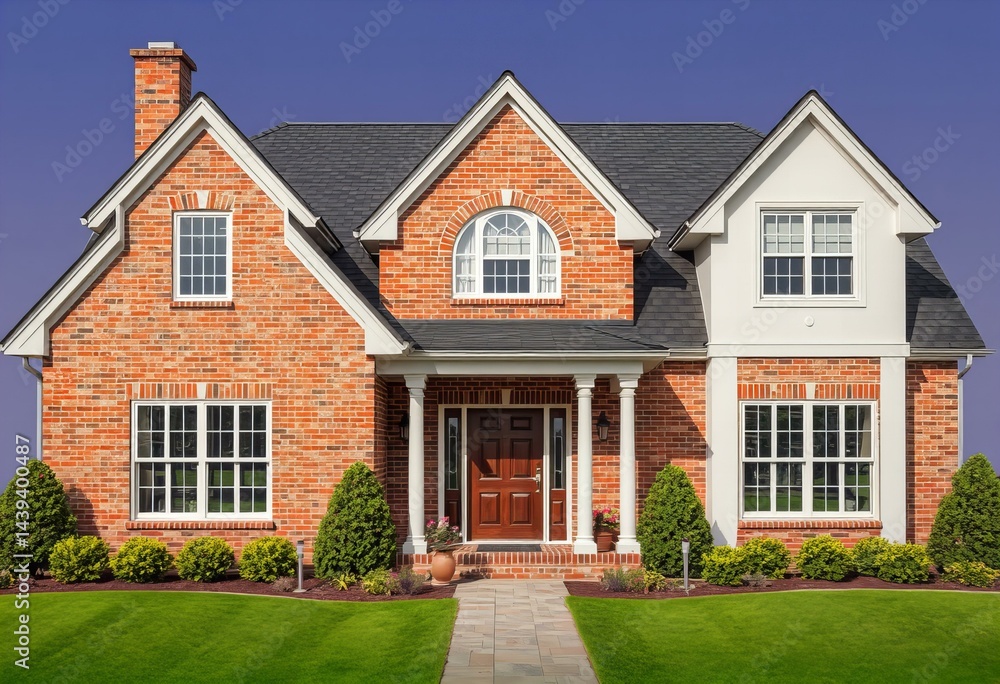 The exterior of a brick house with a traditional design. The exterior of a brick house with a traditional design.