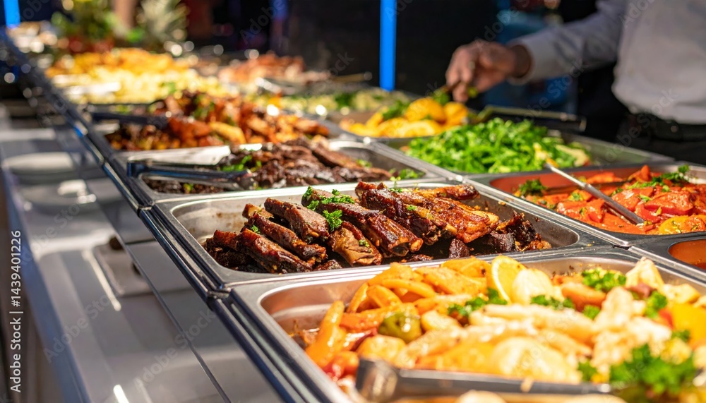 Obraz premium Delicious Buffet Food Variety of Roasted Meats and Vegetables