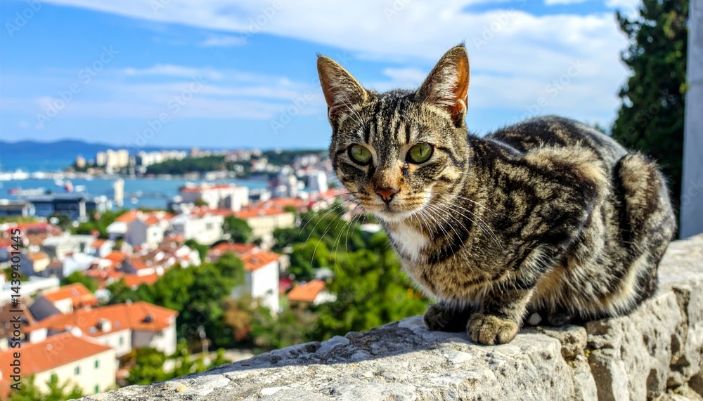 Obraz premium Tabby Cat Sitting on a Wall Overlooking a Coastal Town A picturesque summer scene