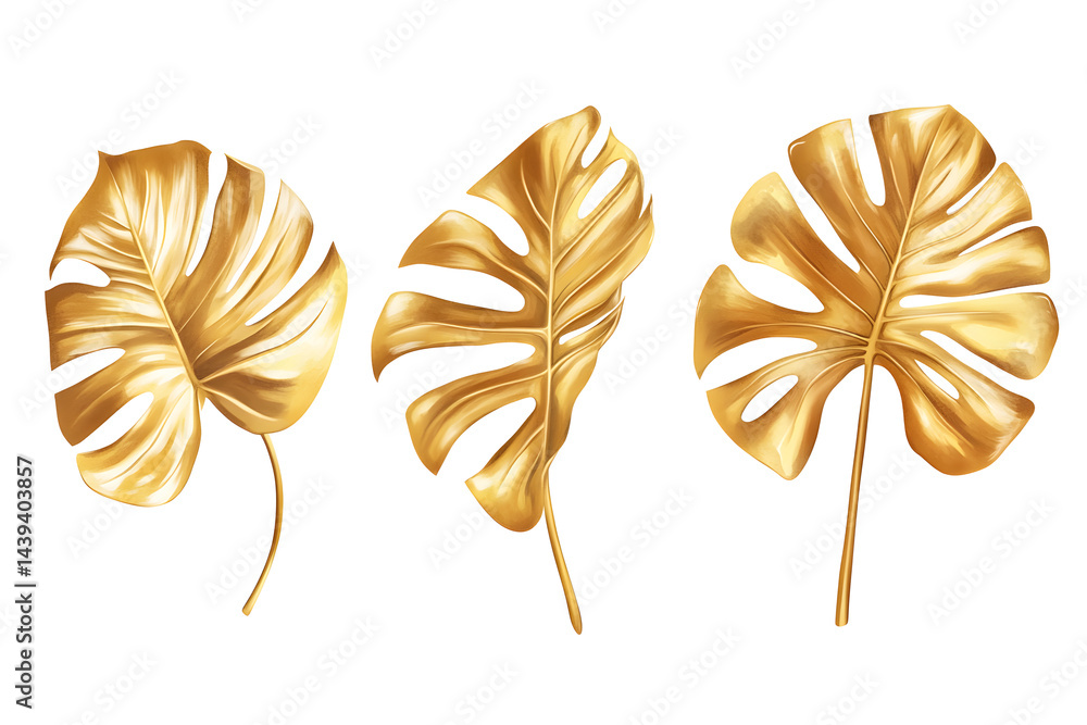 Set of golden tropical monstera leaves illustration isolated on white background