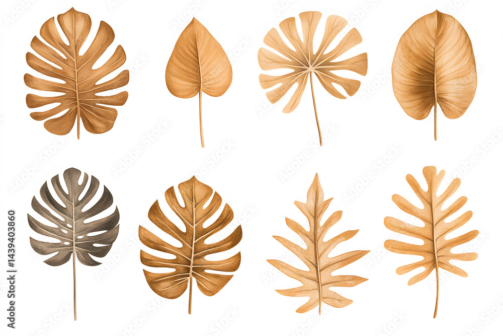 Set of golden tropical monstera leaves illustration isolated on white background