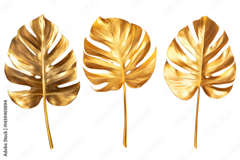 Set of golden tropical monstera leaves illustration isolated on white background