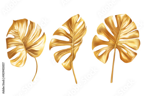 Obraz na płótnie Set of golden tropical monstera leaves illustration isolated on white background w salonie