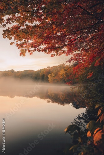 crimson autumn forest mirrored on still lake, low mist hanging above the water, warm and rich color palette, realistic sunrise lighting, peaceful and emotional tone --chaos 20.