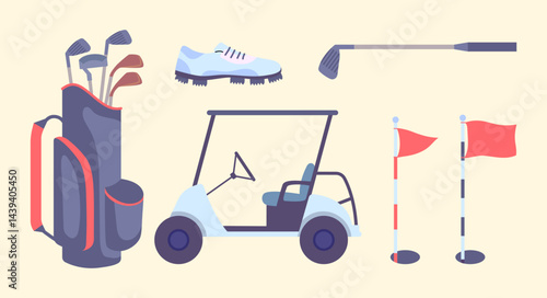 Cartoon Color Golf Equipment Set Sport and Hobby Concept Flat Design Style. Vector illustration of Player Bag, Putter,Flag and Car