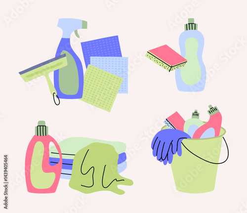 Cartoon Color Different Cleaning Products Set Housework Concept Flat Design Style. Vector illustration of Bucket and Spray