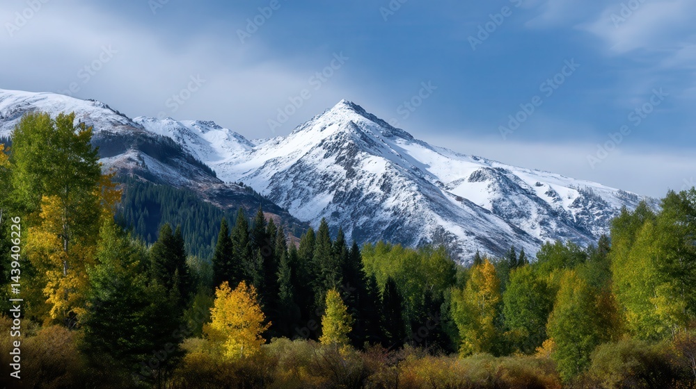 beautiful snow capped mountain landscape with fall Aspen tree forest all around, 32k, HD. beautiful snow capped mountain landscape with fall Aspen tree forest all around, 32k, HD.