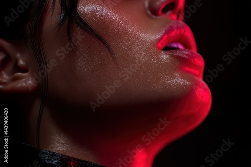 Close-Up of a Person's Sweaty Face Bathed in a Dramatic Red Light Showcasing Intense Emotion and Texture