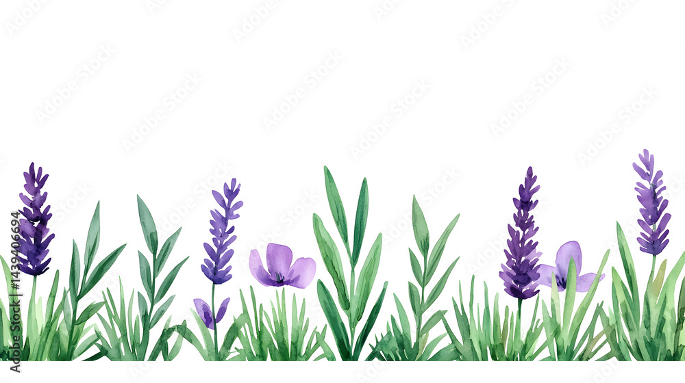 Watercolor lavender blossom border flowers, white background