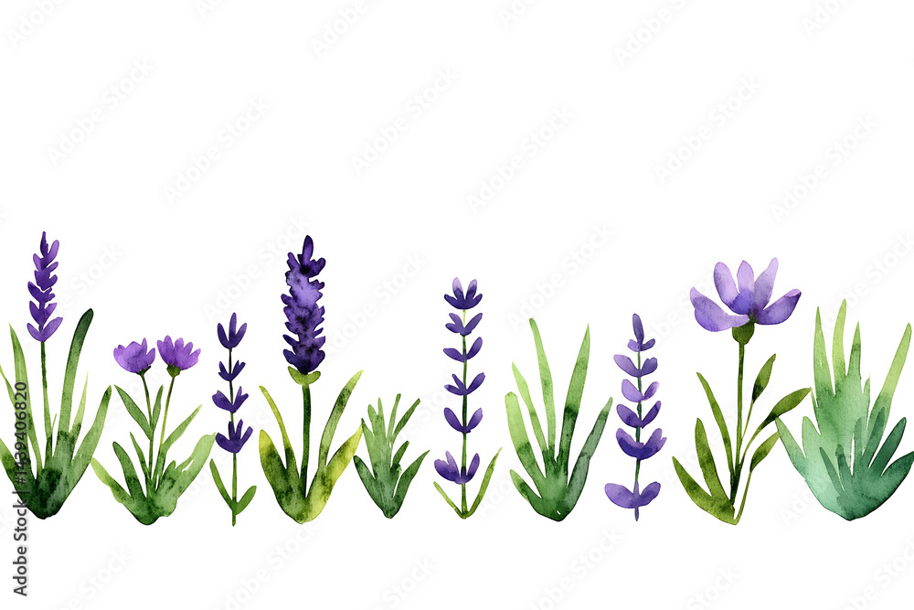 Watercolor lavender blossom border flowers, white background