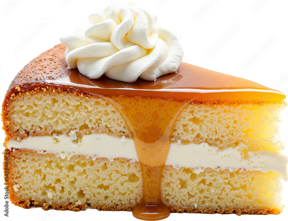 Perfectly Sliced Tres Leches Cake Isolated on Transparent Background for Food Blogs, Bakery Ads, and Dessert Menus