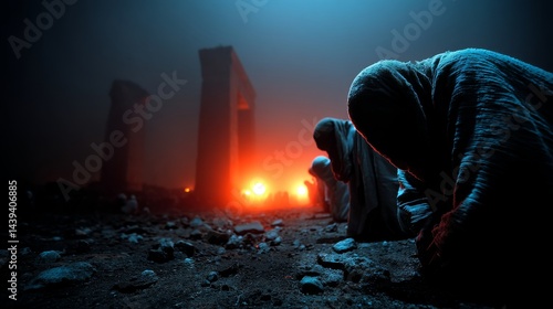 Egyptians mourning their firstborns in the night while Pharaoh kneels in grief