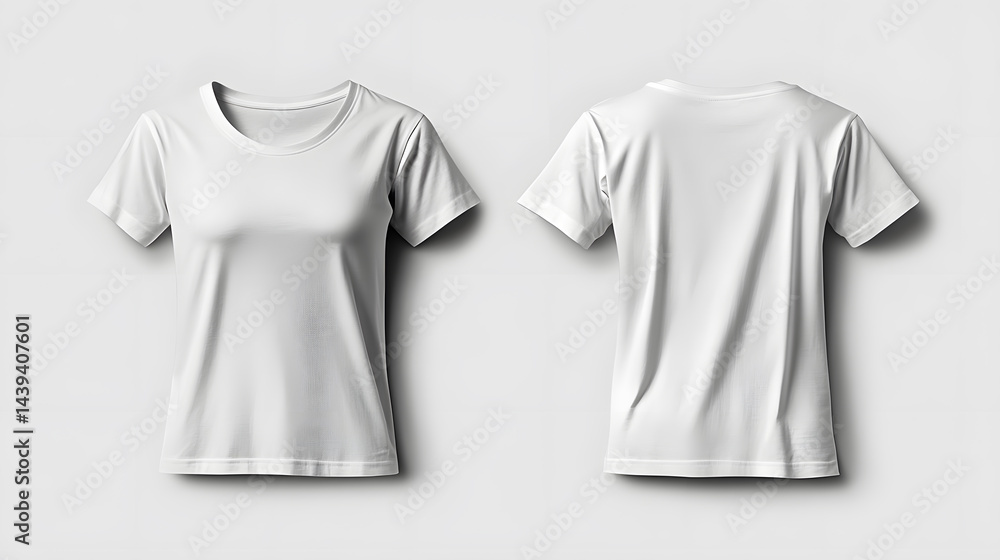 Female white t-shirt template, front and back view isolated on white background, cutout