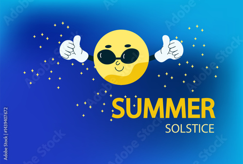 summer solstice poster. Bright sun equinox. Cartoon Flat hand drawn vector illustration.