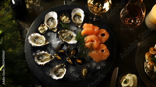 seafood spread, oysters ice, condensation,