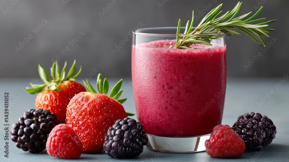 Glass of red juice with a strawberry on top and a bunch of berries on the table. Scene is fresh and healthy Glass of red juice with a strawberry on top and a bunch of berries on the table. Scene is fresh and healthy