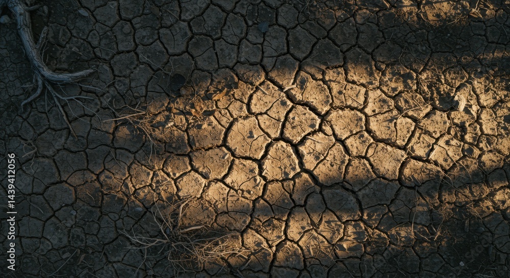 Cracked dry earth with dead roots exposed under sunlight. AI-generated