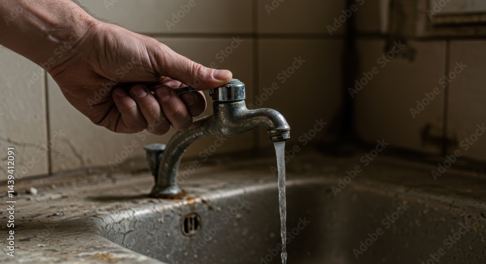Dry hand opening rusty water tap with no flow, cracked sink. AI-generated