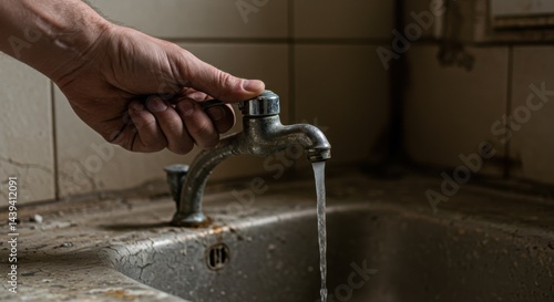 Obraz na płótnie Dry hand opening rusty water tap with no flow, cracked sink. AI-generated w salonie