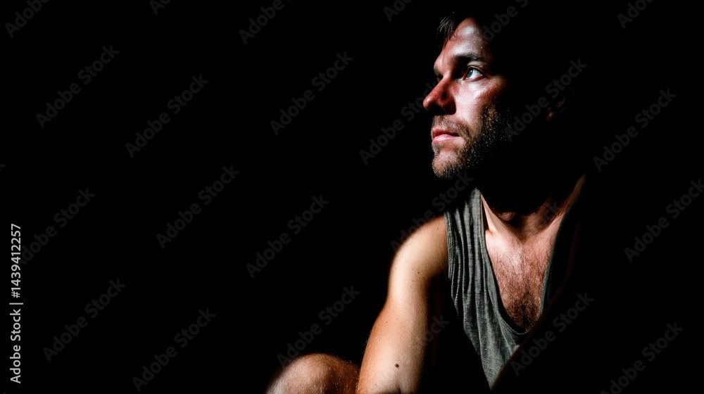 Fototapeta premium Portrait of an Intense Man in Deep Shadow Exploring Emotional Depths and Personal Reflections
