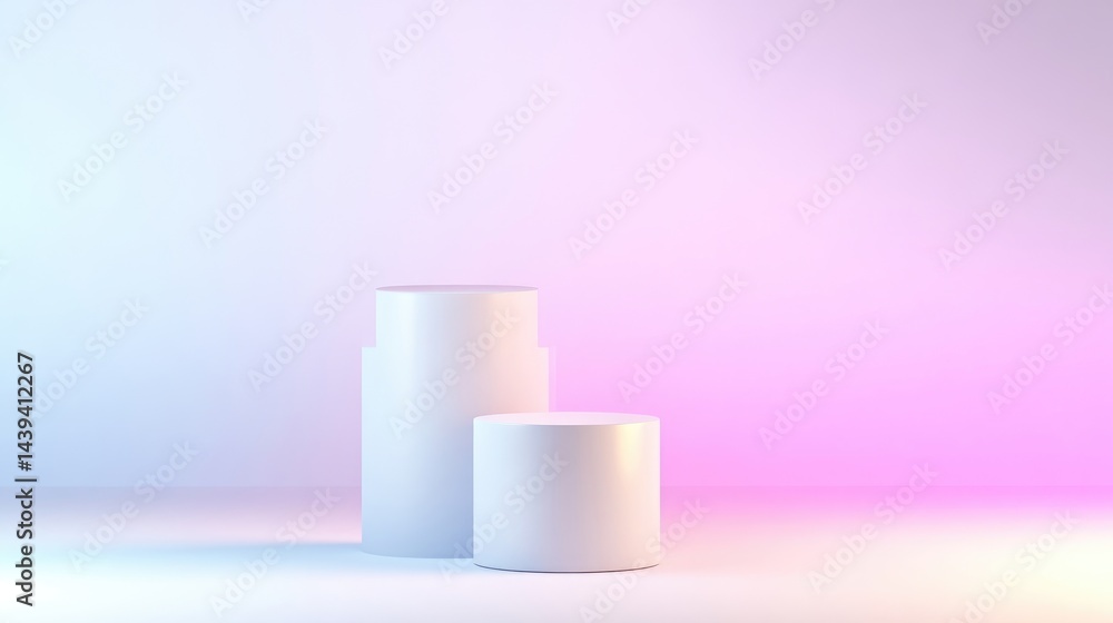 Two white cylinder podiums on a soft pastel background Two white cylinder podiums on a soft pastel background