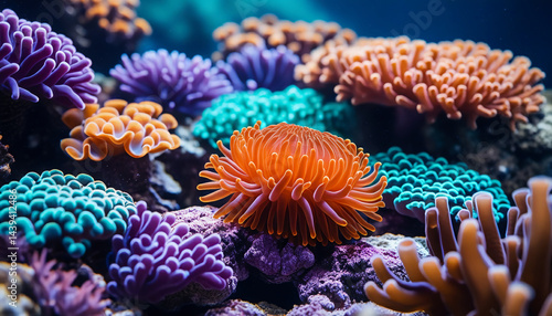 Fototapeta Naklejka Na Ścianę i Meble -  Colorful underwater coral reef with vibrant orange purple and teal corals in marine ecosystem