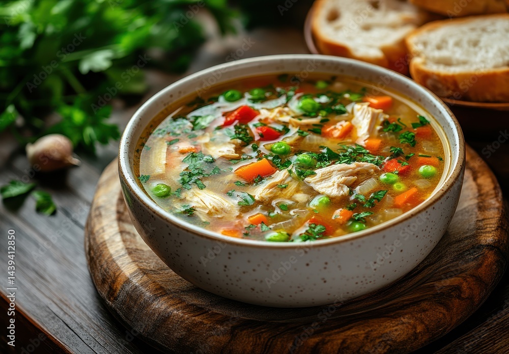 Delicious homemade chicken soup in a rustic bowl with colorful vegetables and fresh herbs served with crusty bread on a wooden table Delicious homemade chicken soup in a rustic bowl with colorful vegetables and fresh herbs served with crusty bread on a wooden table
