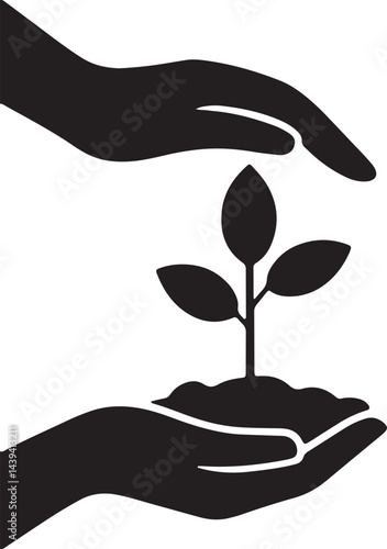 Hands Protecting Seedling In Soil Black And White Icon Vector Illustration