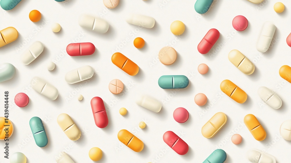 Assorted Pharmaceutical Tablets and Capsules in a Pastel Palette on White Backdrop Assorted Pharmaceutical Tablets and Capsules in a Pastel Palette on White Backdrop