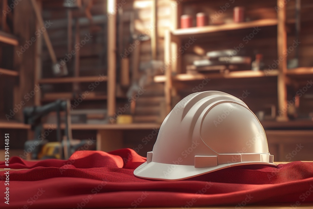 White safety helmet resting on a red cloth in a workshop. White safety helmet resting on a red cloth in a workshop.