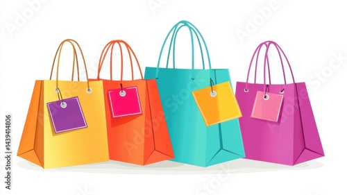 Colorful shopping bags arranged in a row showcasing vibrant designs and festive tags during a seasonal sale