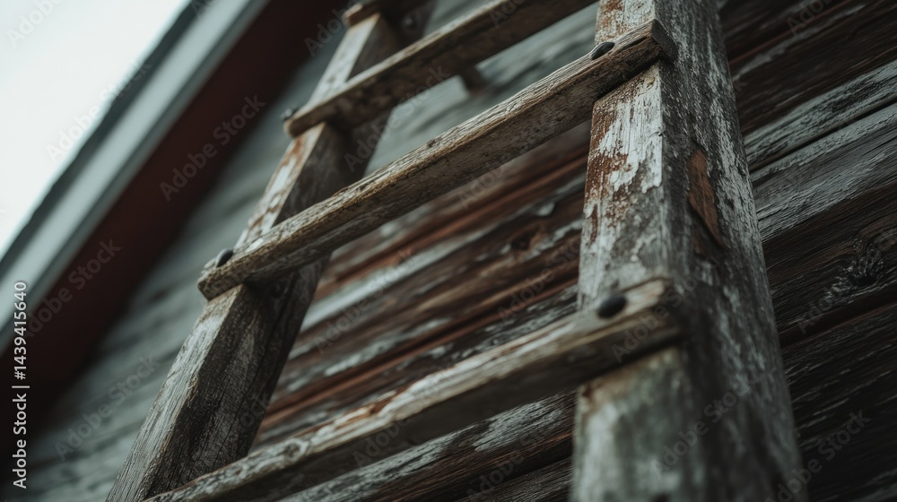An old weathered wooden ladder leans against a wall An old weathered wooden ladder leans against a wall