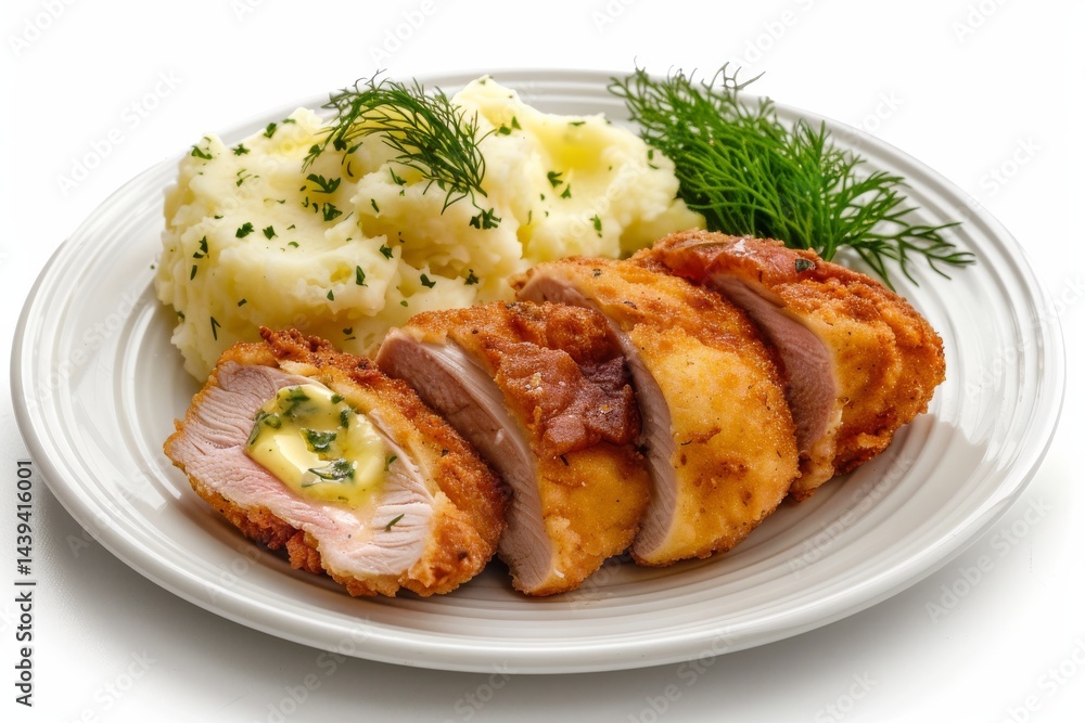 Gourmet Elegance: Savory Chicken Kiev Sensation Isolated On White Background. Gourmet Elegance: Savory Chicken Kiev Sensation Isolated On White Background.