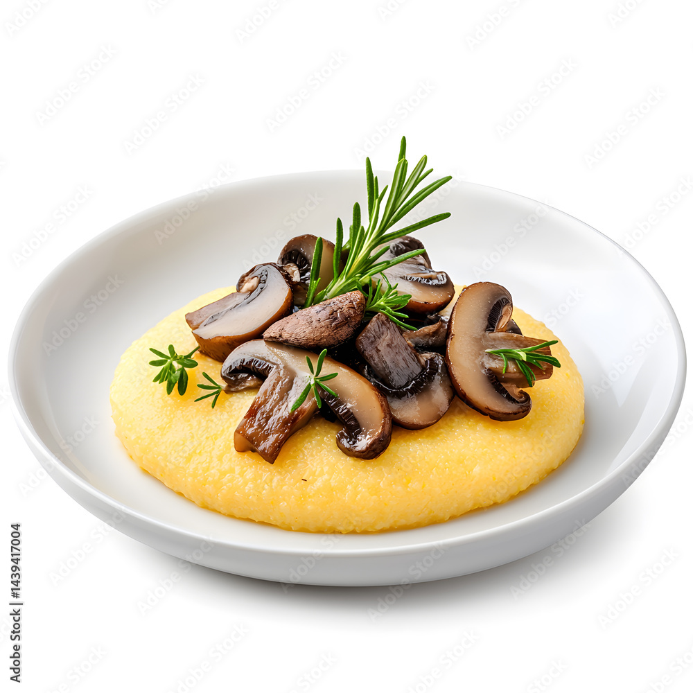 Polenta with mushrooms italian food on plate, isolated on white