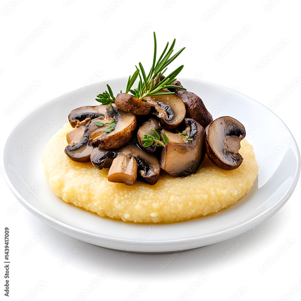Polenta with mushrooms italian food on plate, isolated on white