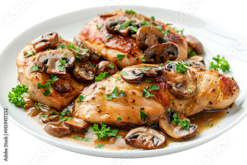 Italian Elegance: Savory Chicken Marsala Isolated On White Background.