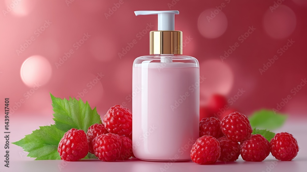 Bottle of lotion is on a table with a bunch of raspberries. The bottle is pink and the raspberries are red. The scene has a fresh and natural feel to it Bottle of lotion is on a table with a bunch of raspberries. The bottle is pink and the raspberries are red. The scene has a fresh and natural feel to it