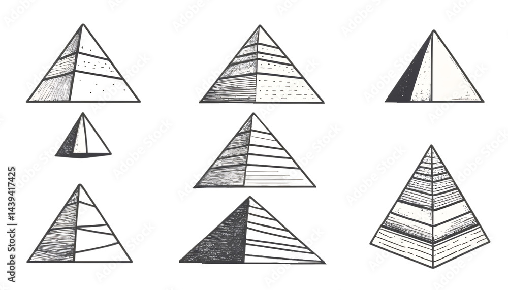 Obraz premium Set of stylized black and white pyramid graphic designs. A collection of nine graphic pyramid designs rendered in a textured black and white style