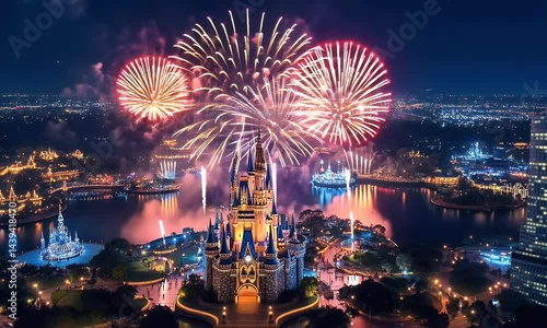 Fireworks over castle, night celebration, city backdrop, tourism