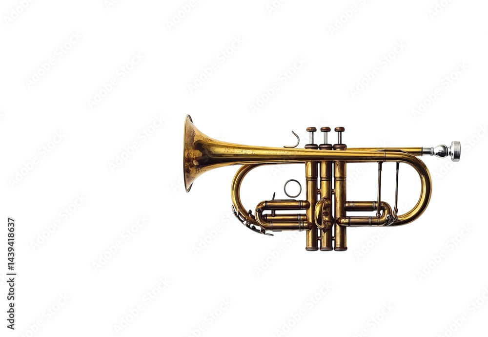 Obraz premium A vintage brass trumpet with its bell open, standing upright on Png Format and Transparent Background