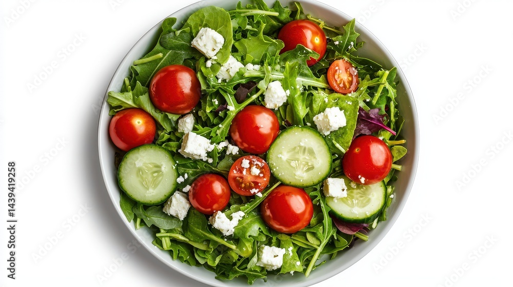 A fresh and healthy mixed green salad with cherry tomatoes, cucumber, and feta cheese is served in a white bowl on a white background. A fresh and healthy mixed green salad with cherry tomatoes, cucumber, and feta cheese is served in a white bowl on a white background.