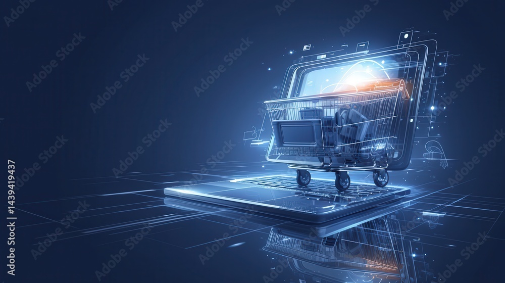 Online shopping cart on laptop, digital elements Online shopping cart on laptop, digital elements