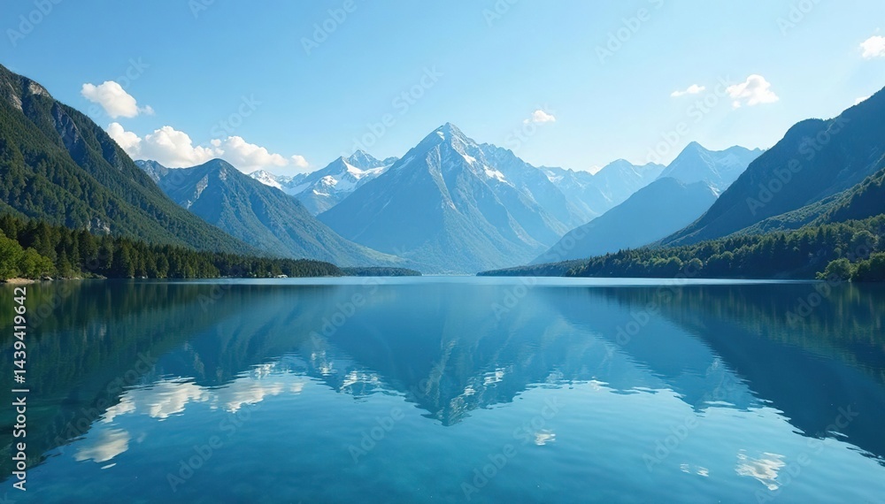 Fototapeta premium Tranquil lake reflecting blue sky, mountains in distance, space, quiet