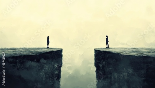 Two figures stand on opposite cliffs, a chasm between them
