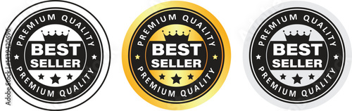 three premium quality best seller round badges with crown icons in black, gold, and silver colors, symbolizing high ranking trusted product, top quality, business success, and promotional marketing	