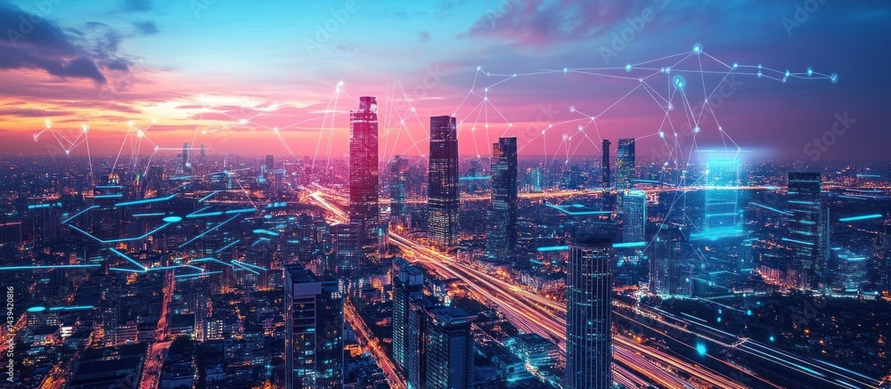 Fototapeta premium Connected City Skyline at Dusk