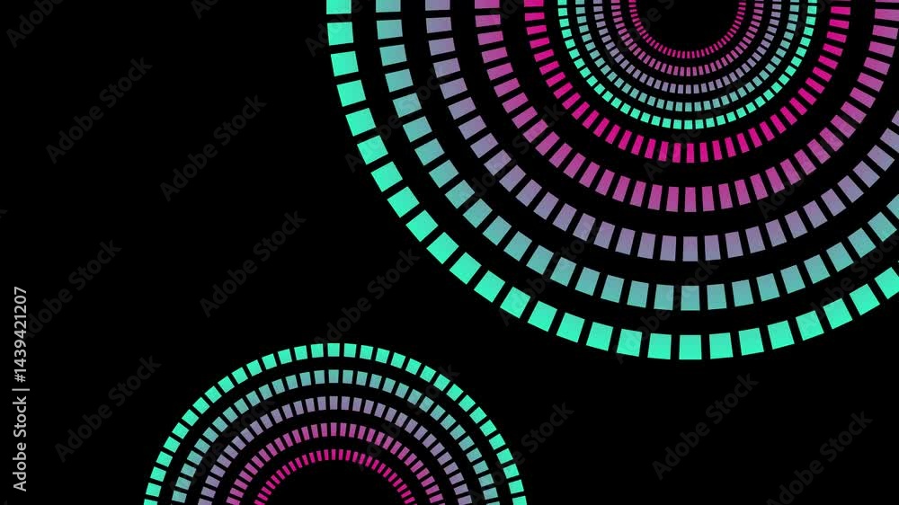 Blue and pink pixelated circles on black background. Suitable for digital backgrounds, tech designs, graphic design projects, and abstract concepts.