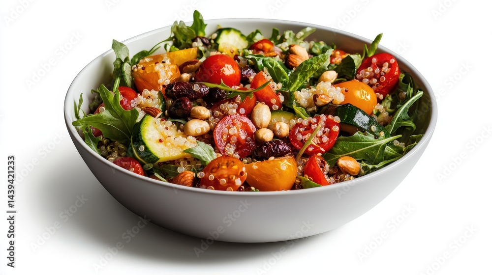 A vibrant quinoa salad brimming with colorful cherry tomatoes, zucchini, almonds, and arugula in a rustic bowl offers a healthy and delicious meal option. A vibrant quinoa salad brimming with colorful cherry tomatoes, zucchini, almonds, and arugula in a rustic bowl offers a healthy and delicious meal option.