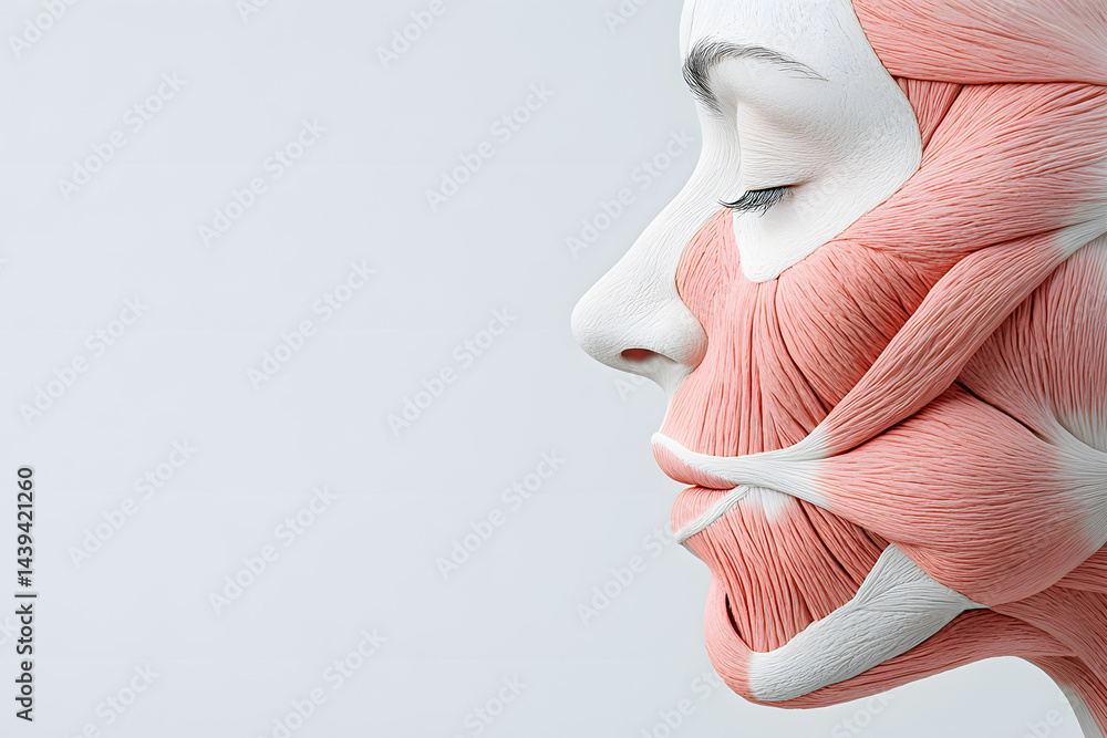 Side view of a woman face internal muscles anatomy illustration isolated on white background