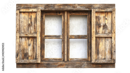Rustic charm an old weathered wooden window frame with paneled shutters on transparent background